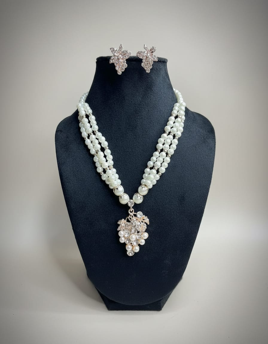 Premium White Pearl & American Diamond Necklace