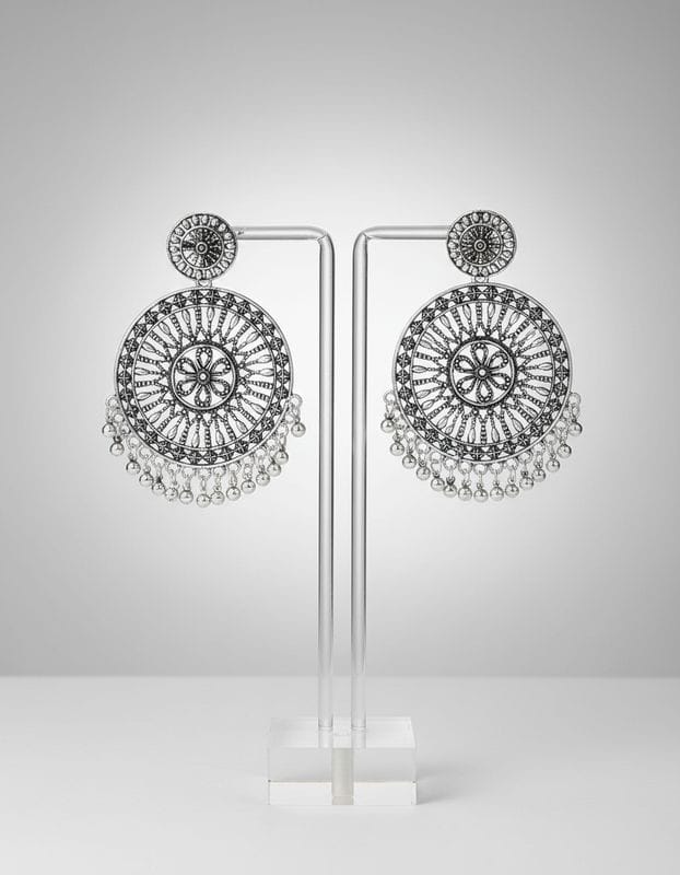 Oxidized Silver Circular Chandbali Earrings with Ghungroo Drops