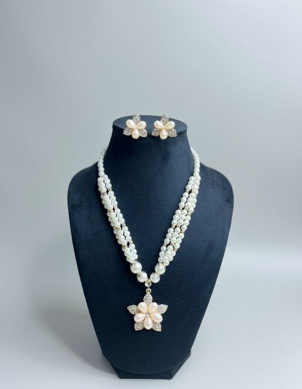 Elegant White Pearl Necklace & Earrings Set with Floral Pendant