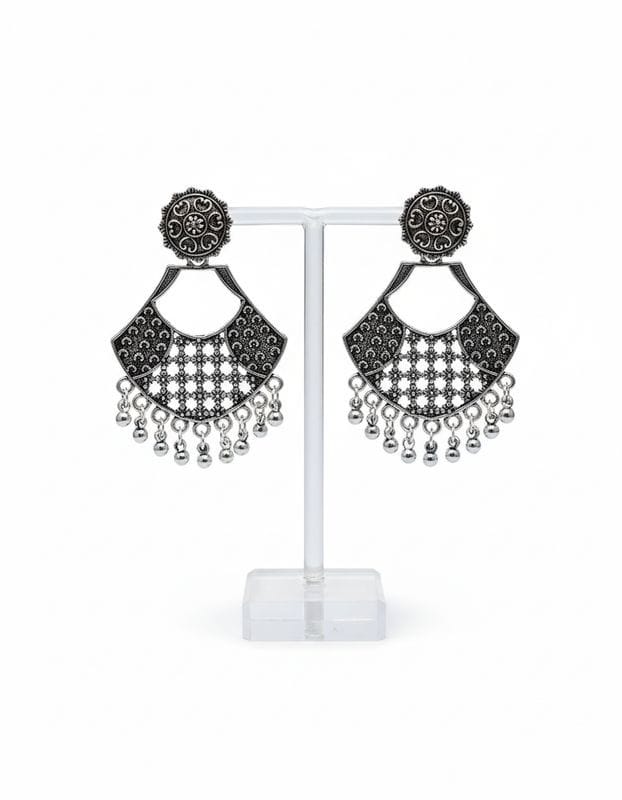 Oxidized Silver Geometric Chandelier Earrings with Bead Danglers