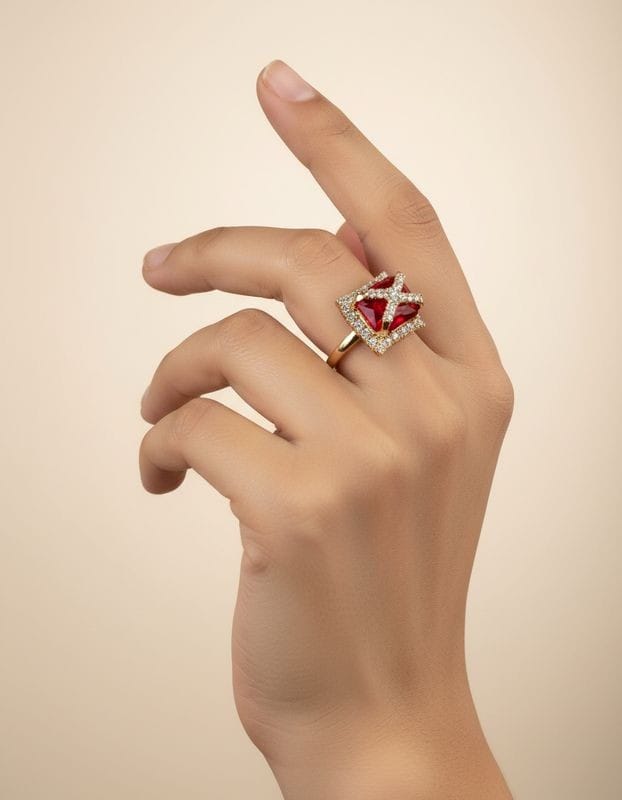 Hand wearing a ring with a red gemstone on a beige background