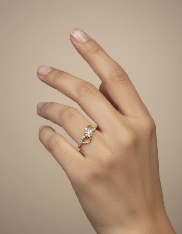 Hand wearing a diamond ring on a beige background