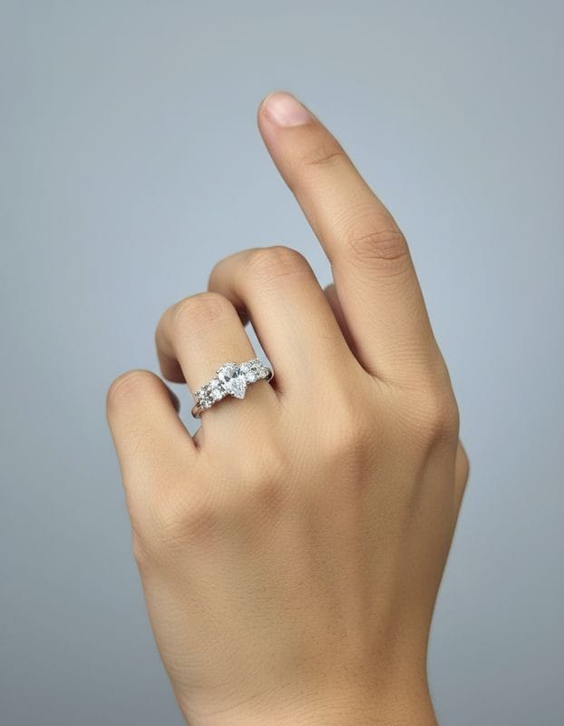 Hand wearing a diamond ring on a gray background