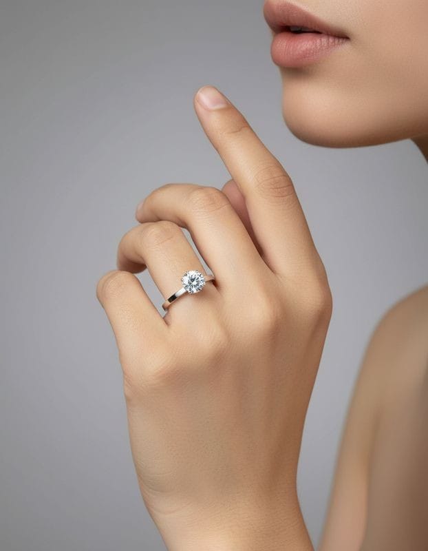 Hand wearing a diamond ring with a blurred background